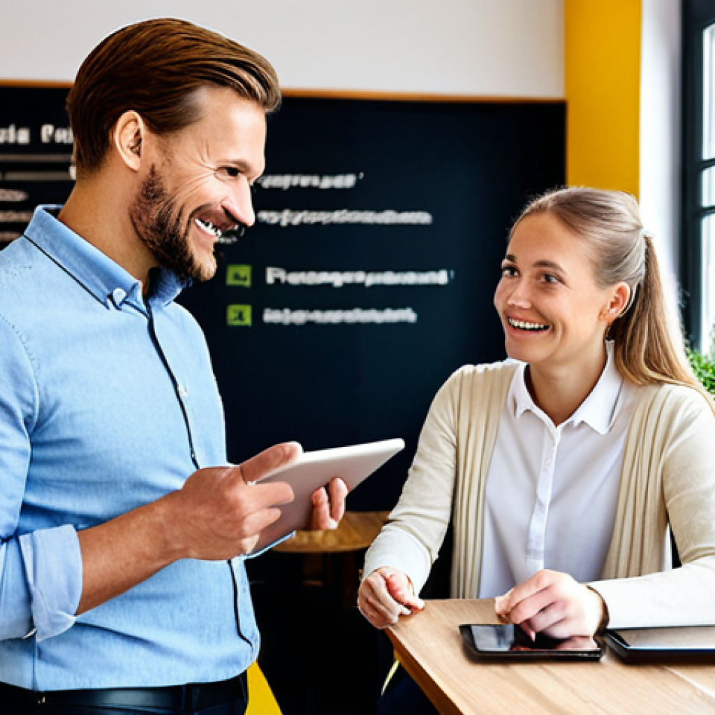 **
A friendly small business owner in a fully clothed, professional setting, interacting with a customer in a bright, modern Swedish café. The owner is explaining their privacy policy on a tablet. Appropriate attire, safe for work, modest clothing, perfect anatomy, correct proportions, well-formed hands, proper finger count, natural pose, professional photography, high quality.
**