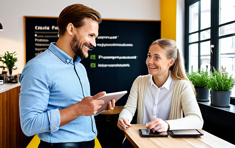**
A friendly small business owner in a fully clothed, professional setting, interacting with a customer in a bright, modern Swedish café. The owner is explaining their privacy policy on a tablet. Appropriate attire, safe for work, modest clothing, perfect anatomy, correct proportions, well-formed hands, proper finger count, natural pose, professional photography, high quality.
**