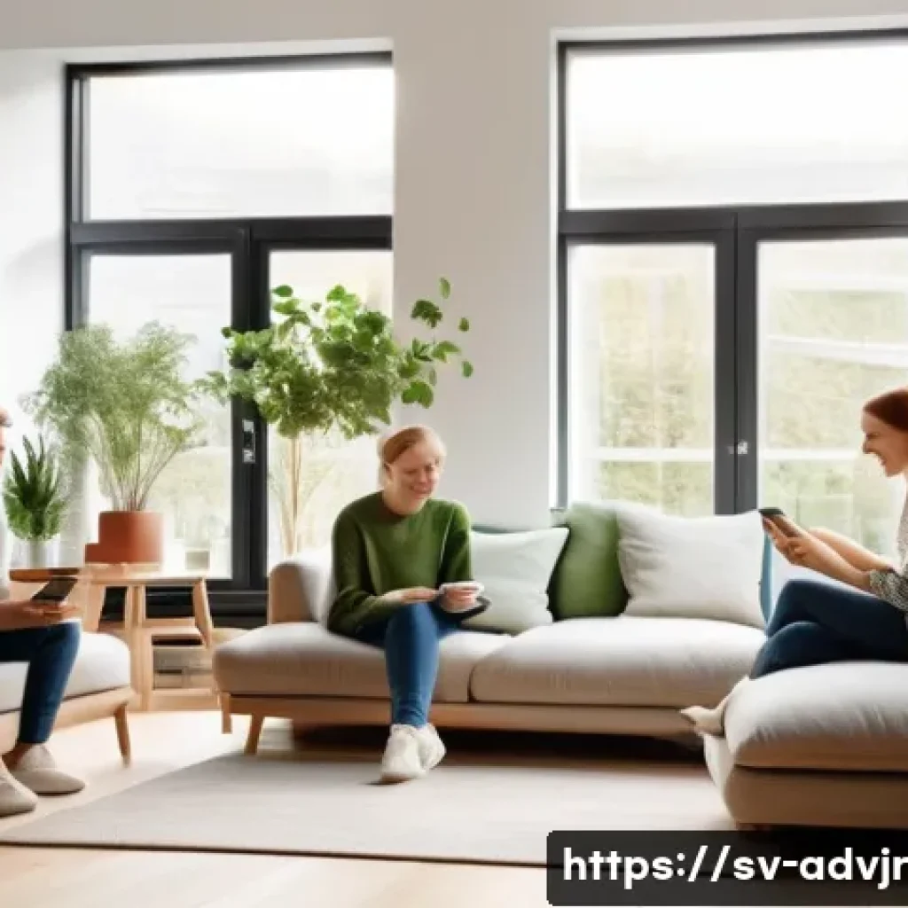 초개인화 마케팅을 위한 고객 생성 콘텐츠 활용 - A cozy Scandinavian living room scene with a diverse group of adults and teenagers casually sharing ...