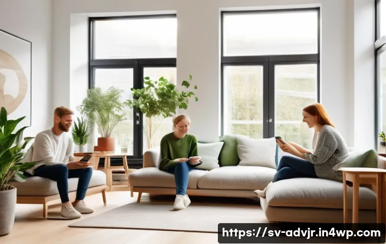 초개인화 마케팅을 위한 고객 생성 콘텐츠 활용 - A cozy Scandinavian living room scene with a diverse group of adults and teenagers casually sharing ...
